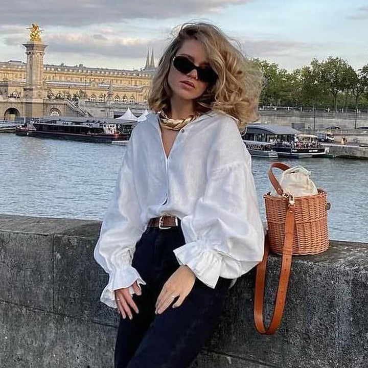 Damen lässige Leinenbluse mit ballonärmel Drune