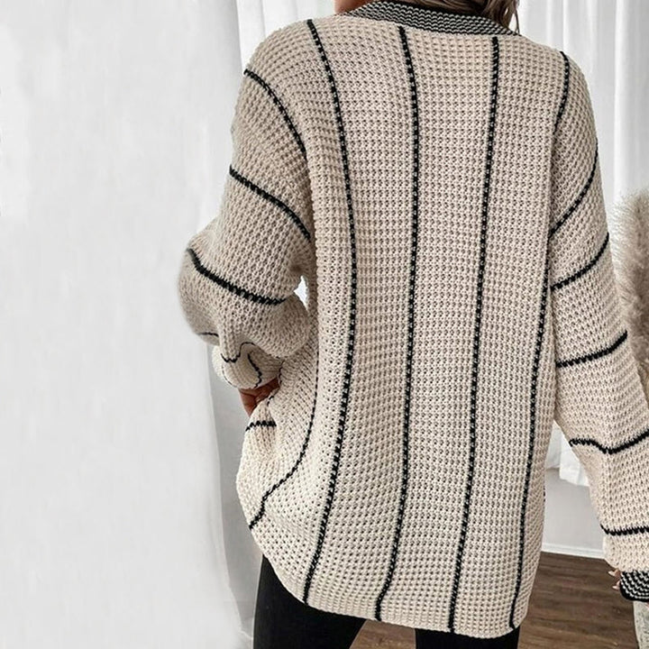 Drune | Pullover - Damen Winter Gestreifter V-Ausschnitt Strickpullover