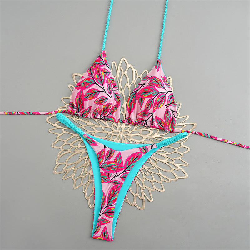 Damen Triangelbikini mit buntem Muster und verstellbaren Trägern Drune