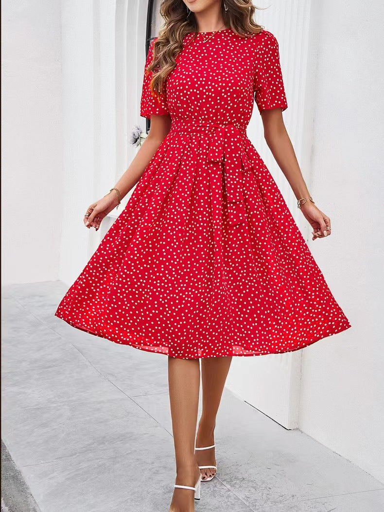 Damen Midikleid mit elegantem Punktedesign und Taillengürtel Drune