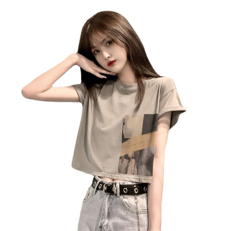 Damen Crop-T-Shirt mit kreativem Grafikdruck Drune