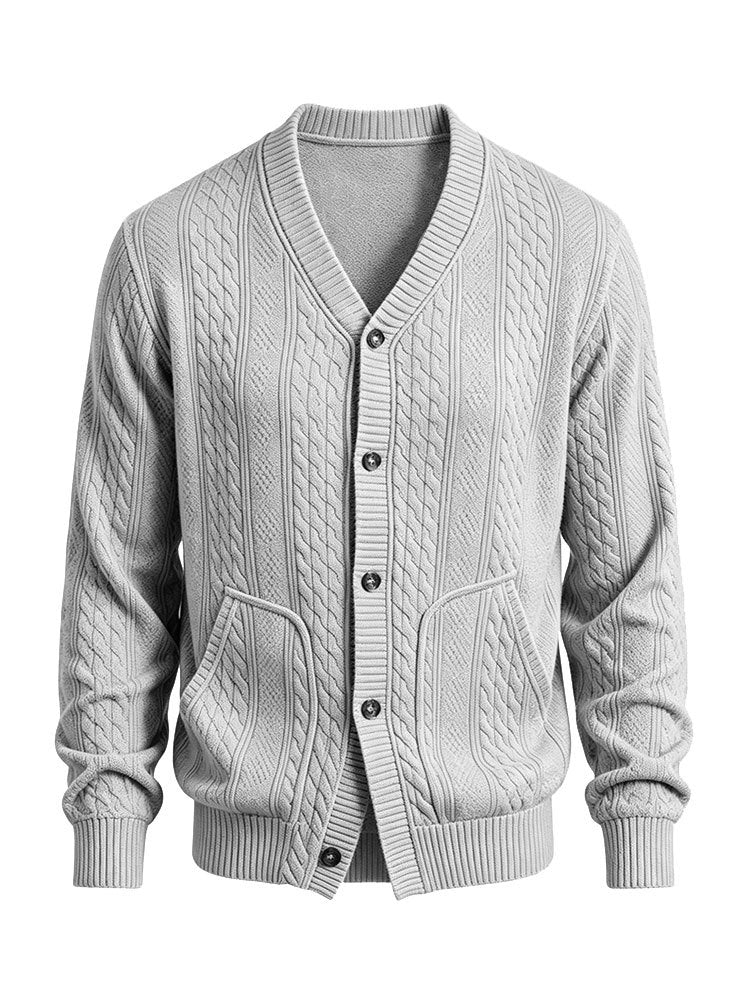 Herren Gestrickte Strickjacke mit Zopfmuster, V‑Ausschnitt und aufgesetzten Taschen Drune