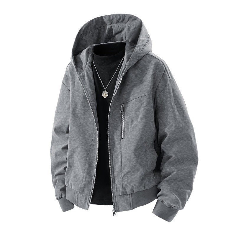 Herren Kapuzenblouson im Vintage-Suede-Look mit durchgehendem Reißverschluss und Rippenbündchen Drune
