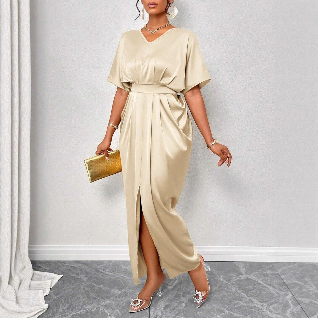 Damen Midikleid mit elegantem V-Ausschnitt und seitlichem Schlitz Drune