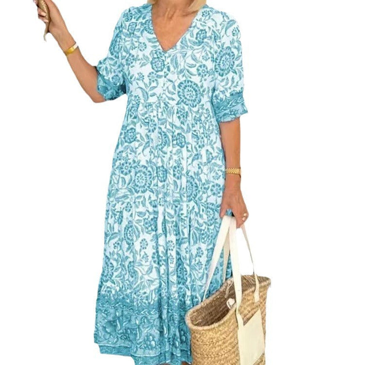 Drune | Dreiviertelärmeliges langes floral gefärbtes Tie-Dye Druckkleid