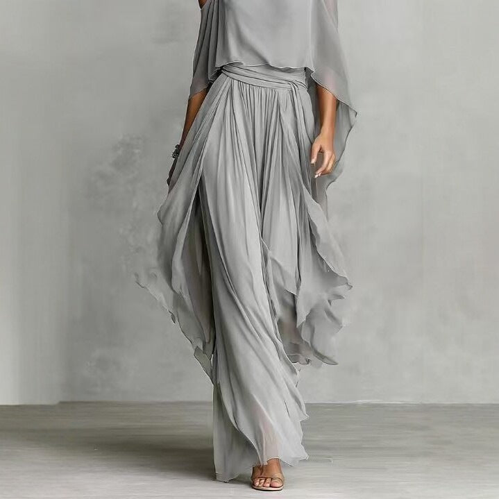 Damen Lange Chiffon Maxi Kleid mit Kaltem Schulter, Spaghetti-Träger und Geschichtetem Cape Drune