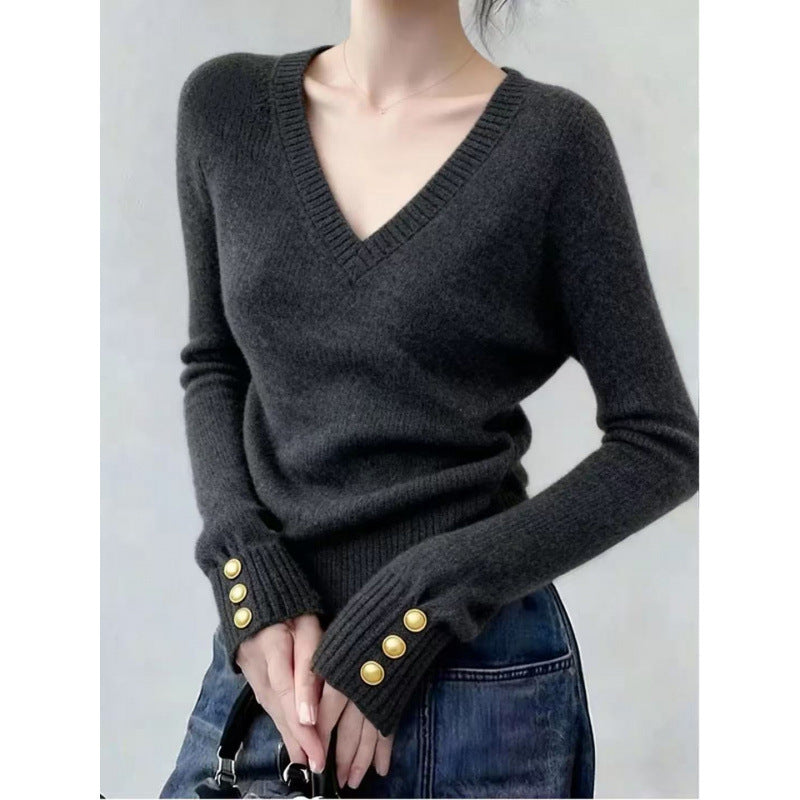 Damen feiner V-Ausschnitt Pullover mit eleganten Knopfdetails Drune