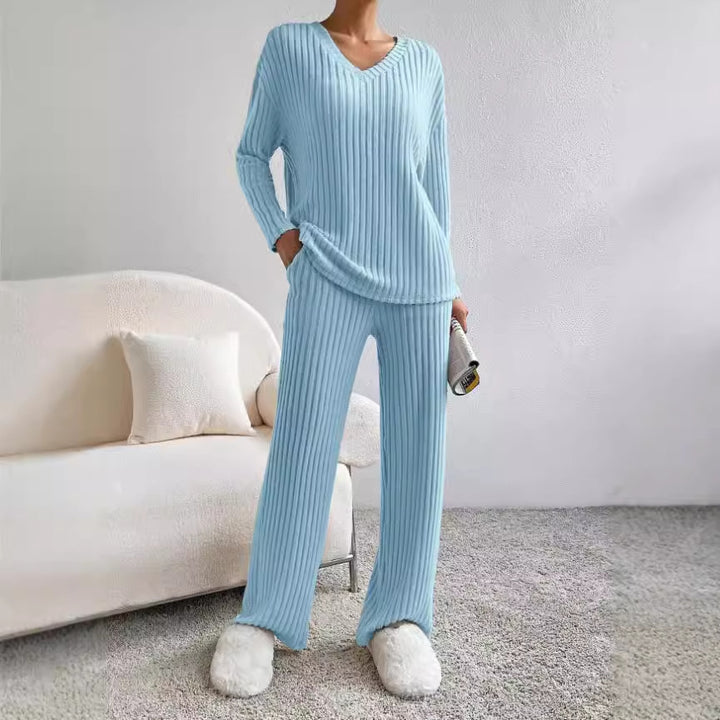 Damen lässiges Strick-Lounge-Set mit V-Ausschnitt Drune