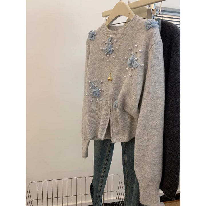 Damen Modischer Pullover mit floralen Applikationen Drune