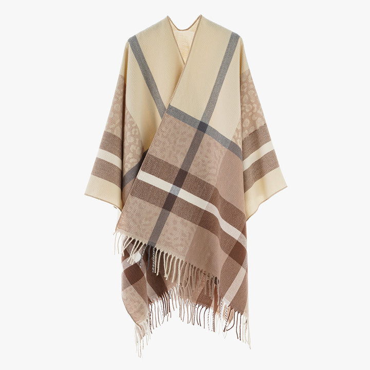 Damen Übergroßer Poncho mit Fransen und Karomuster Drune