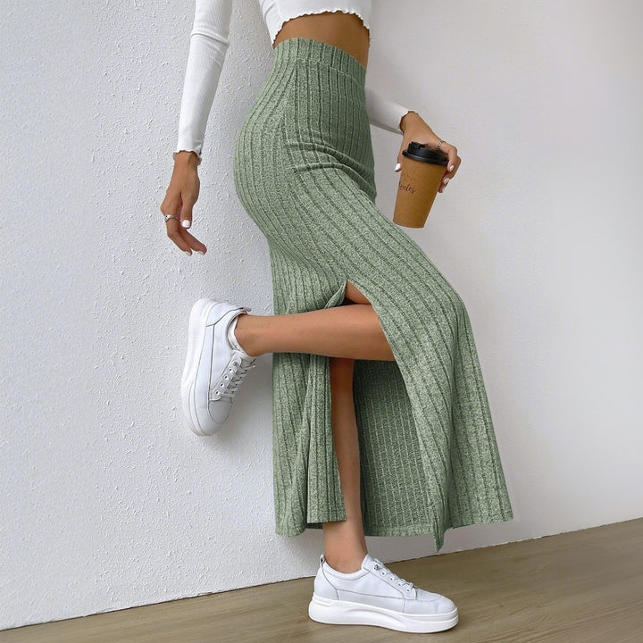 Damen gerippter Midirock mit hohem Bund und figurumspielender A-Linie Drune