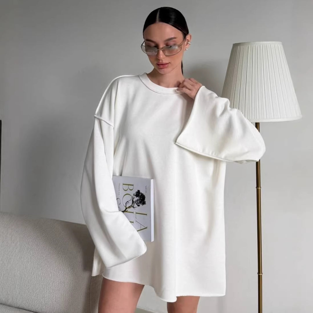 Damen oversized Sweatshirt-Kleid mit ausgefranstem Saum und weiten Glockenärmeln Drune