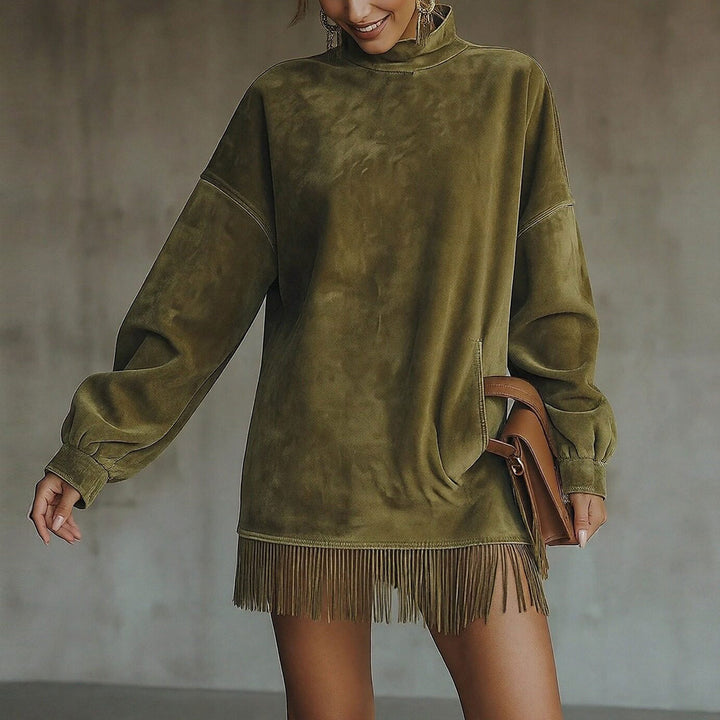 Damen Lässiges Sweatkleid mit Fransen und hohem Kragen Drune