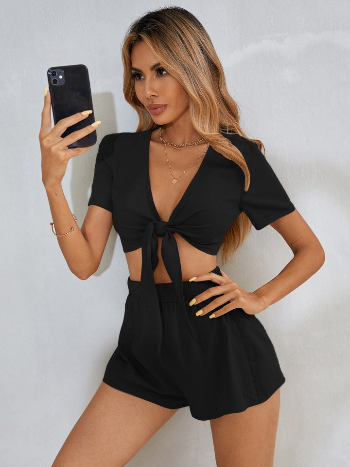 Damen Set aus kurzem Oberteil und Shorts mit Knoten-Design Drune
