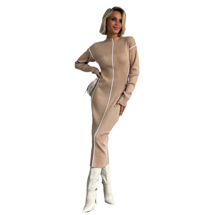 Damen schlankes Midikleid mit Stehkragen, vertikalen Kontrastnähten und Langarm-Rippstrick Drune