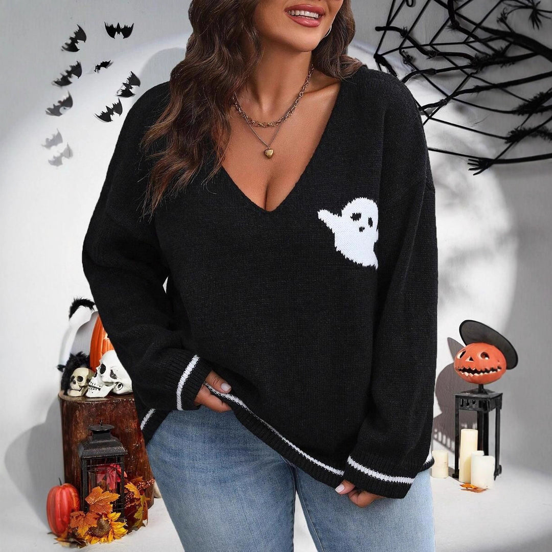Damen Strickpullover mit Ghost-Motiv und V-Ausschnitt Drune