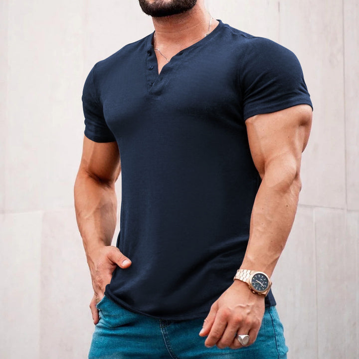 Herren nan muskelbetontes Kurzarmshirt mit Knopfleiste und V-Ausschnitt aus Baumwollstretch Drune