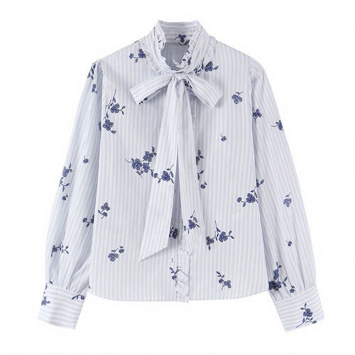 Damen Schlupfbluse mit Schleifenkragen, Rüschenpasse und floraler Stickerei Drune