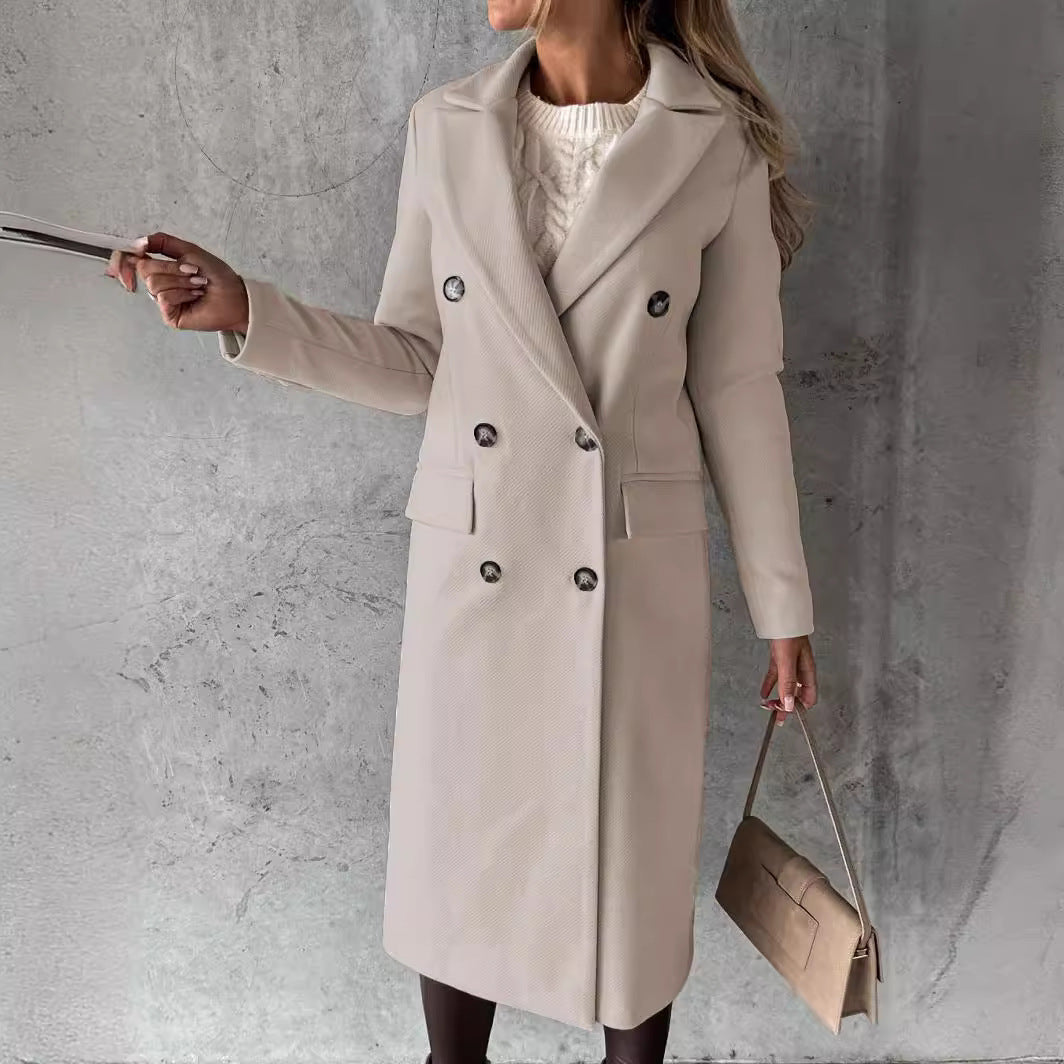 Damen eleganter und zeitloser Mantel mit doppelter Knopfreihe und markanten Taschen Drune