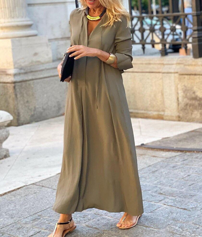 Damen Maxikleid mit V-Ausschnitt, Langärmelig, lockere A-Linien‑Silhouette und Kordelzug Drune