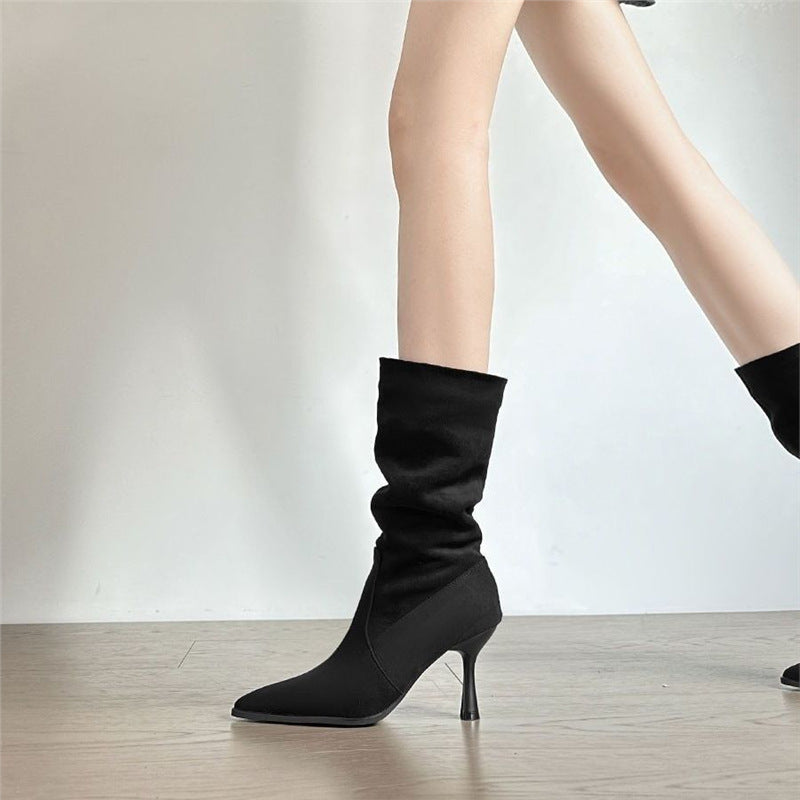 Damen Mid‑Calf Raffung‑Stiefelette mit spitzer Zehenpartie und geformtem Stiletto Drune