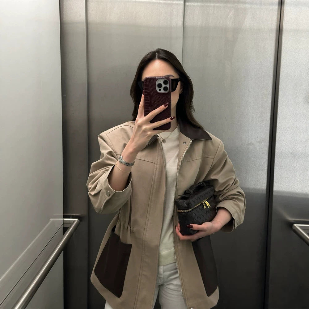 Damen Boxy-Fieldjacke mit kontrastkragen in Lederoptik und aufgesetzten Taschen Drune