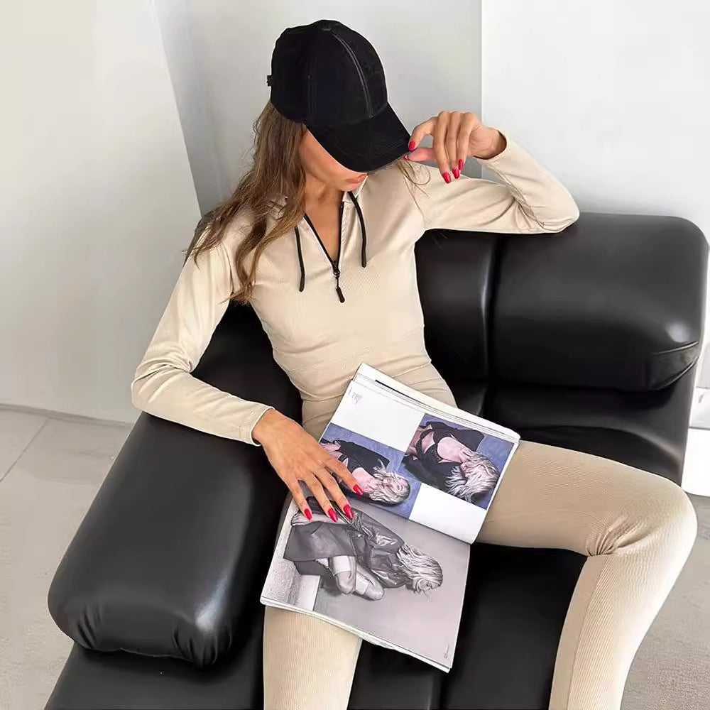 Damen geripptes Lounge-Set mit halbem Reißverschluss und hoher Taille Drune