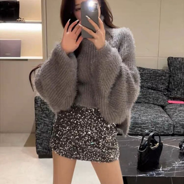 Damen Modischer Rollkragenpullover mit Puffärmeln Drune
