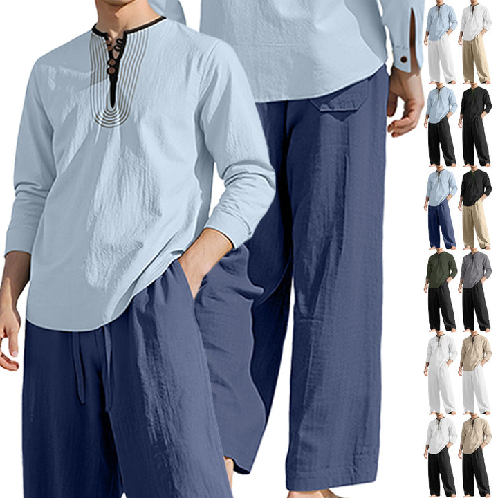 Herren nan Tunika- und Palazzohose-Set mit Henley-Blende, Zierstickerei und weitem Schnitt Drune