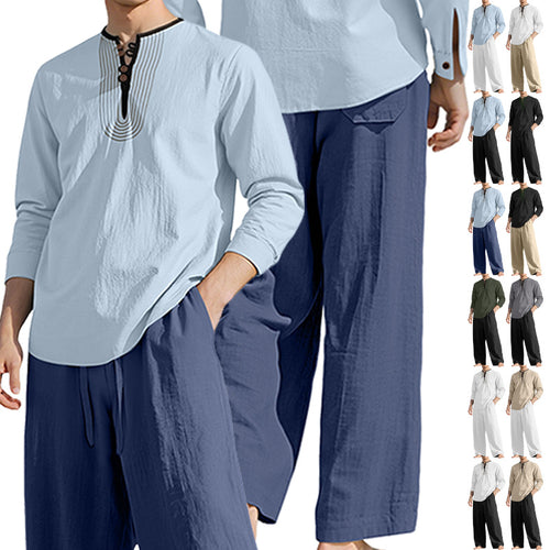 Herren nan Tunika- und Palazzohose-Set mit Henley-Blende, Zierstickerei und weitem Schnitt Drune