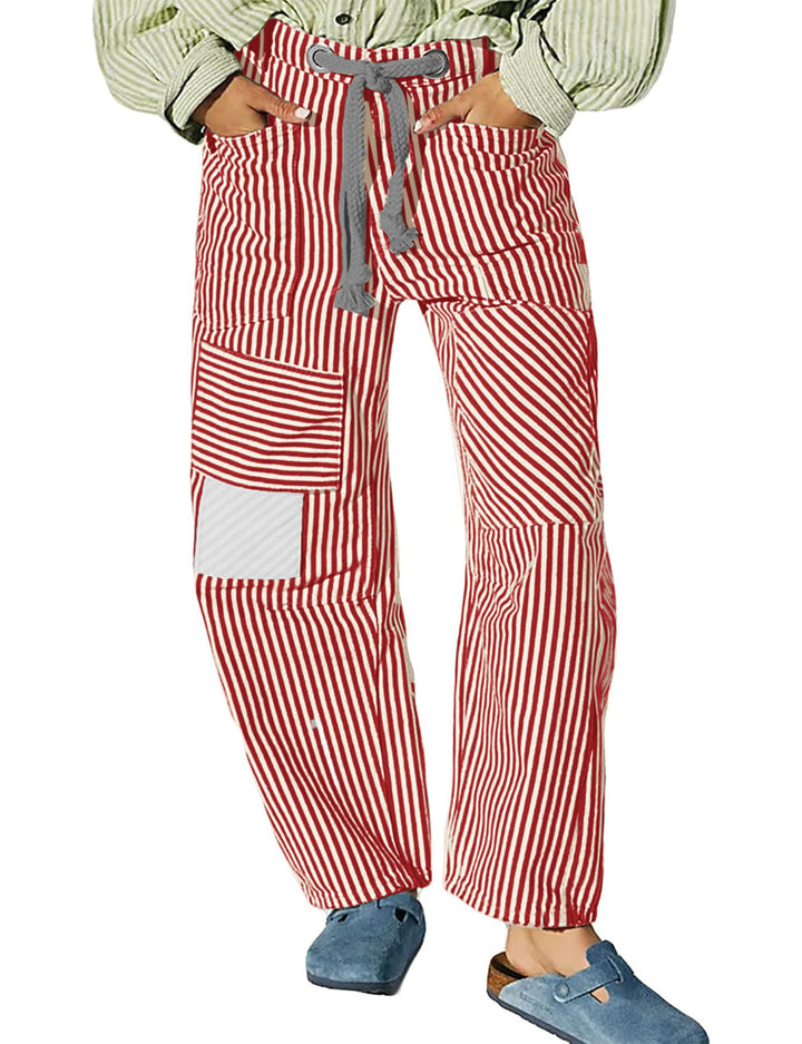 Damen nan lässige gestreifte Leinenhose mit Kordelzug und aufgesetzten Taschen Drune
