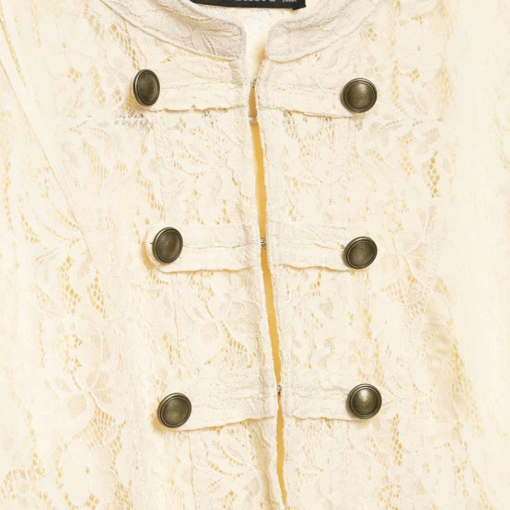 Damen Kurze Spitzenjacke im Military‑Look mit Stehkragen und Zierknopfleiste Drune