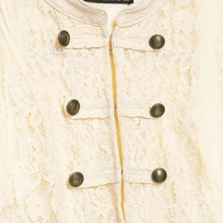 Damen Kurze Spitzenjacke im Military‑Look mit Stehkragen und Zierknopfleiste Drune