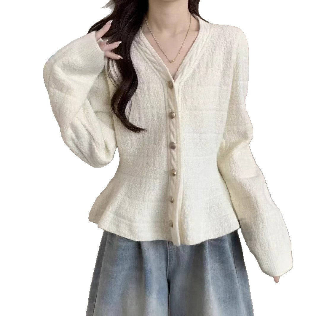 Damen elegante Strickjacke mit strukturiertem Design und femininen Puffärmeln Drune