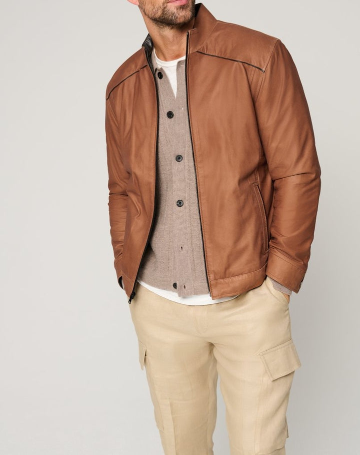 Herren Lederjacke mit elegantem Stehkragen und seitlichen Reißverschlusstaschen Drune