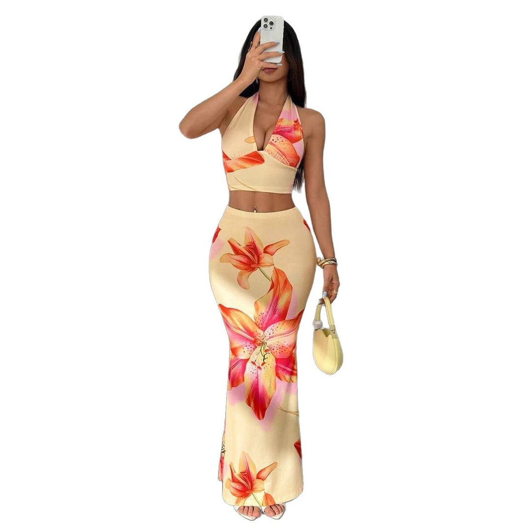 Damen Zweiteiliges Sommeroutfit mit floralem Design und elegantem V-Ausschnitt Drune