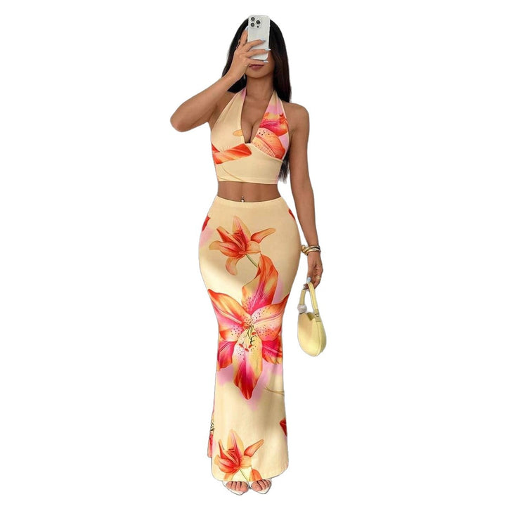Damen Zweiteiliges Sommeroutfit mit floralem Design und elegantem V-Ausschnitt Drune
