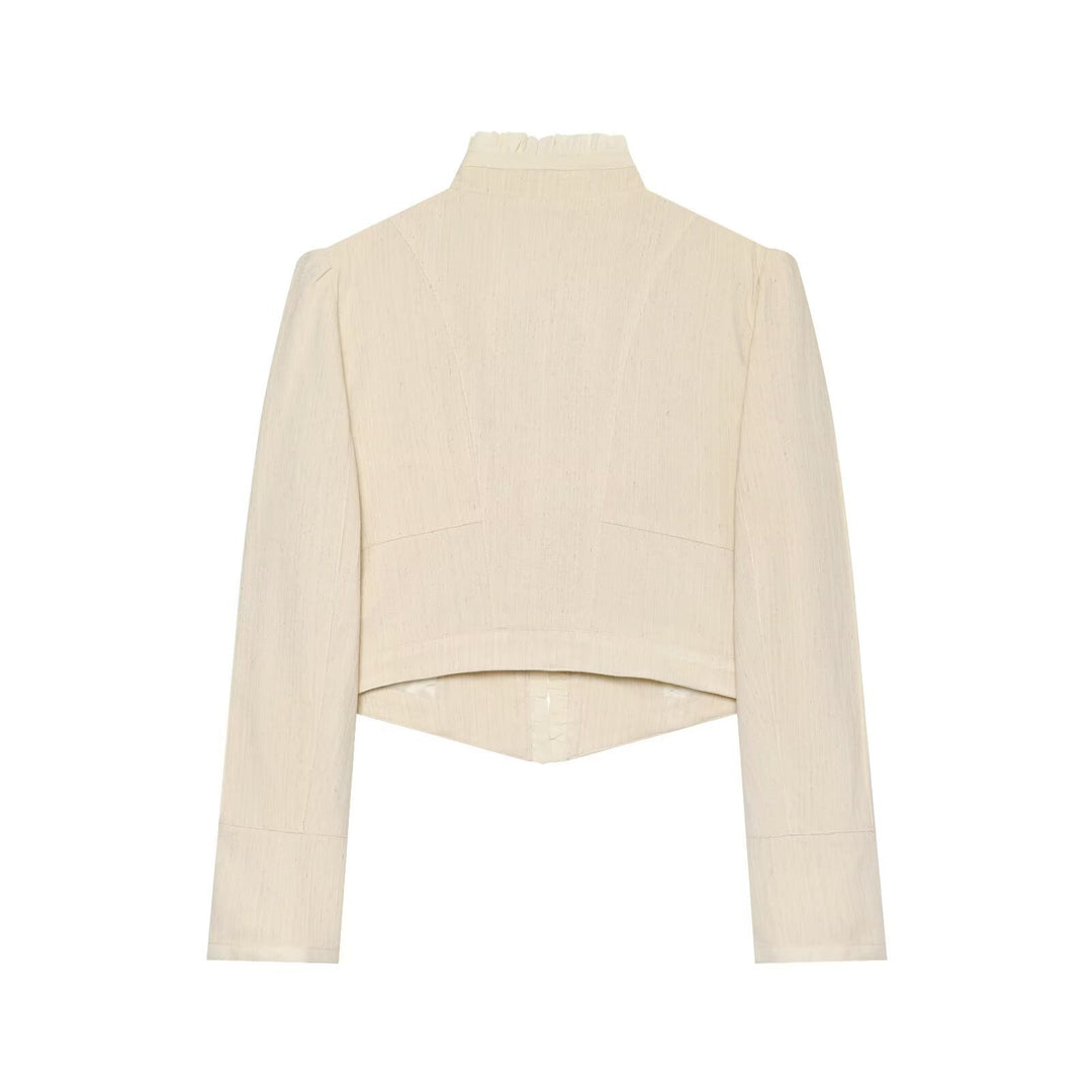 Damen Cropped Jacke mit Stehkragen, Rüschenblende und doppelreihiger Zierknopfleiste Drune