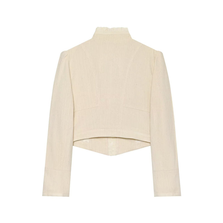 Damen Cropped Jacke mit Stehkragen, Rüschenblende und doppelreihiger Zierknopfleiste Drune