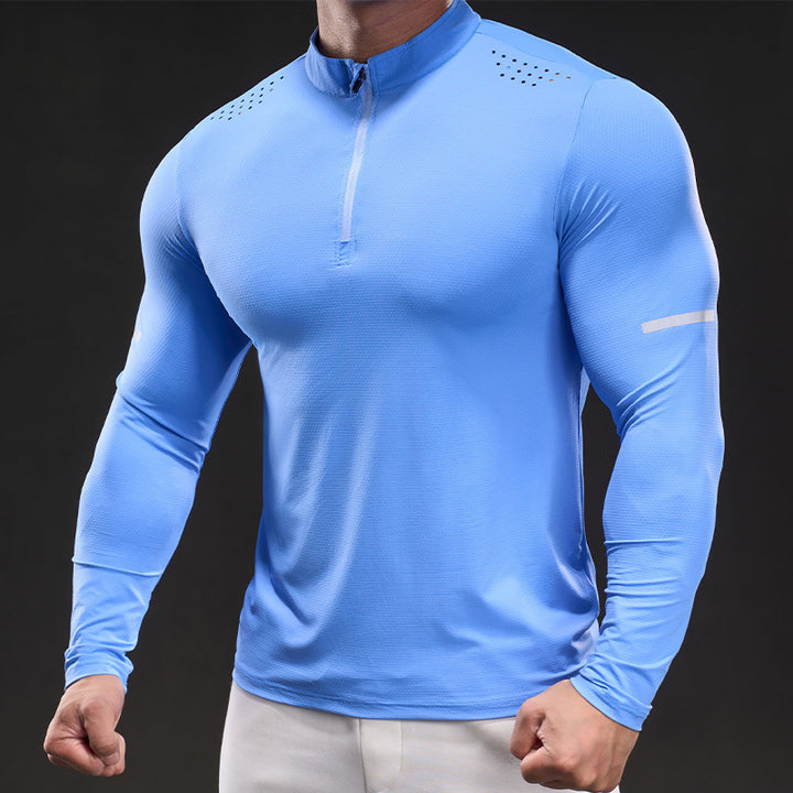Herren Atmungsaktives Longsleeve Trainingsshirt mit Stehkragen und Kurz-Reißverschluss Drune