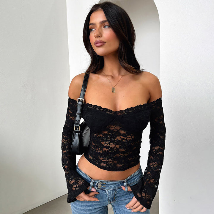 Damen Spitzentop mit Schulterfreiem Design und Volantärmeln Drune