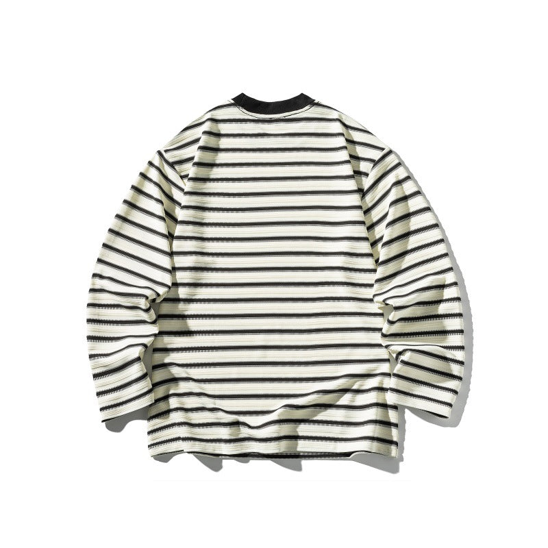 Unisex Gestreiftes Oversize-Langarmshirt aus Baumwollmix mit geripptem Rundhals Drune