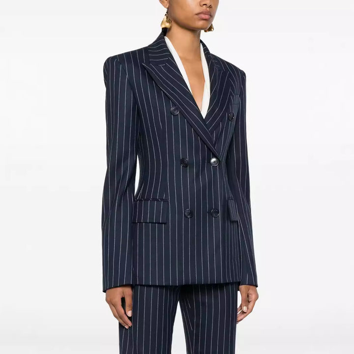 Damen Nadelstreifen Zweireihiger Blazer mit High‑Waist Schlaghose Drune