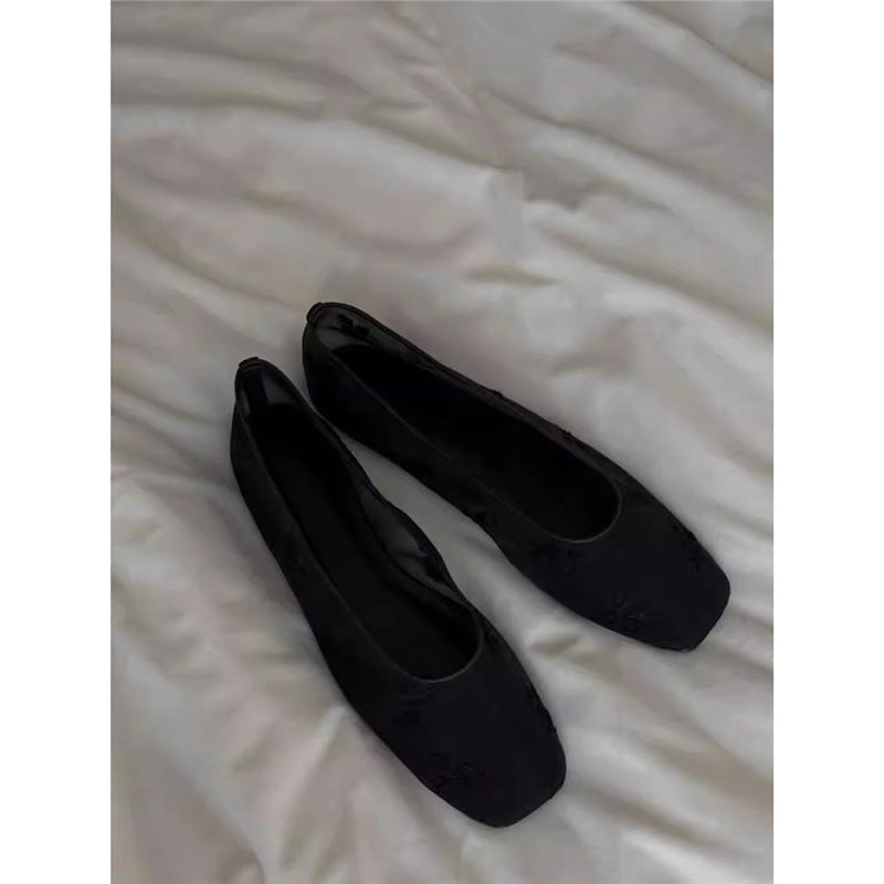 Damen Bestickte Mesh-Ballerinas mit quadratischer Zehenpartie und Rosenstickerei Drune