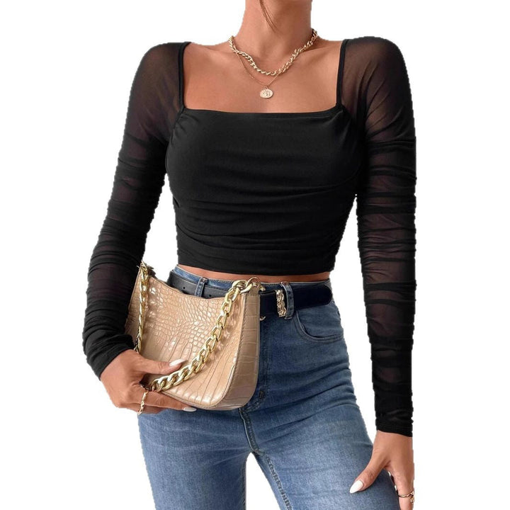 Damen Cropped Oberteil mit transparenten Ärmeln Drune