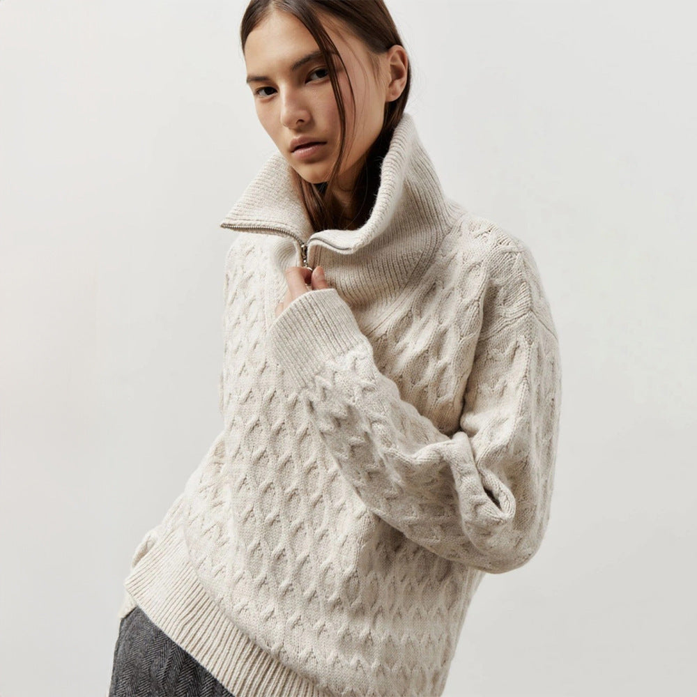 Damen Gemusterter Strickpullover mit hohem Kragen und Halbreißverschluss Drune