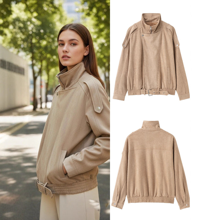 Damen Kurzjacke im Wildleder‑Look mit hohem Stehkragen, Schulterklappen und Taillengürtel Drune
