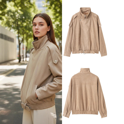 Damen Kurzjacke im Wildleder‑Look mit hohem Stehkragen, Schulterklappen und Taillengürtel Drune