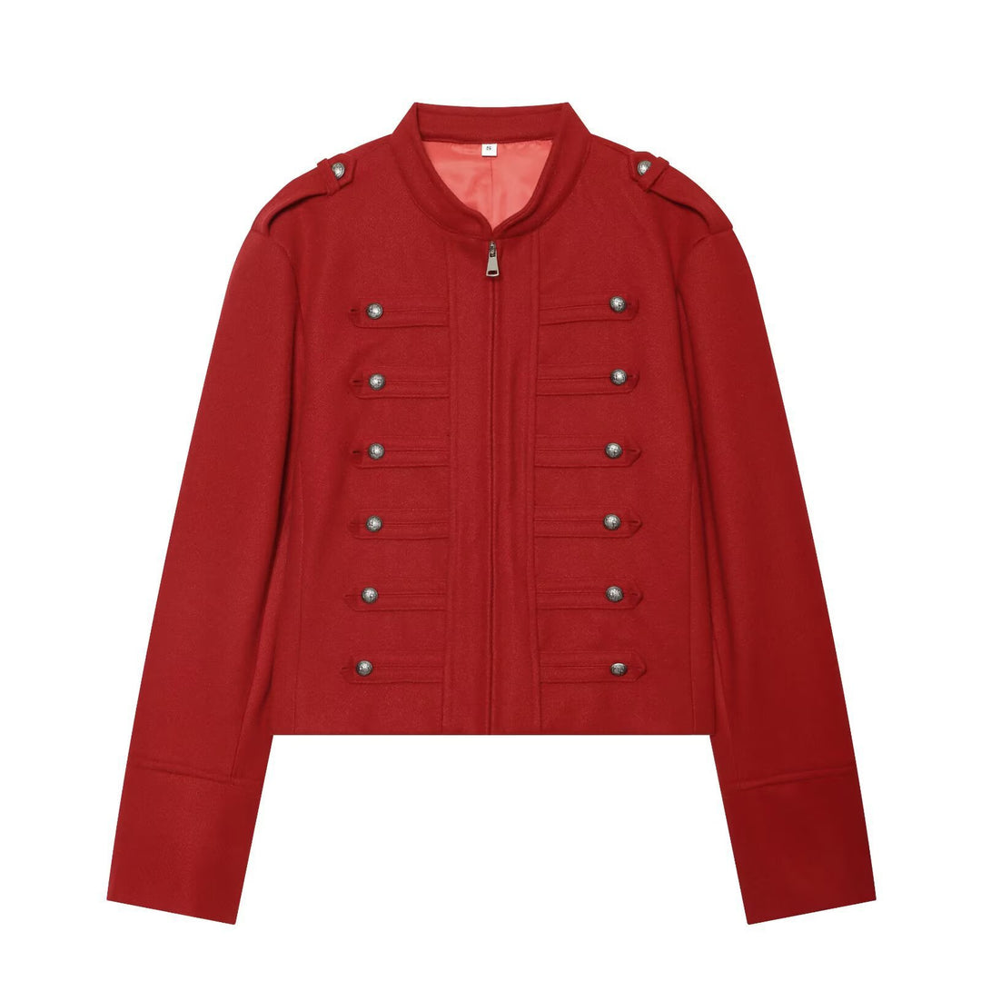 Damen Militärisch inspirierte Cropped Wollmix-Jacke mit Zierknopfreihe und Stehkragen Drune