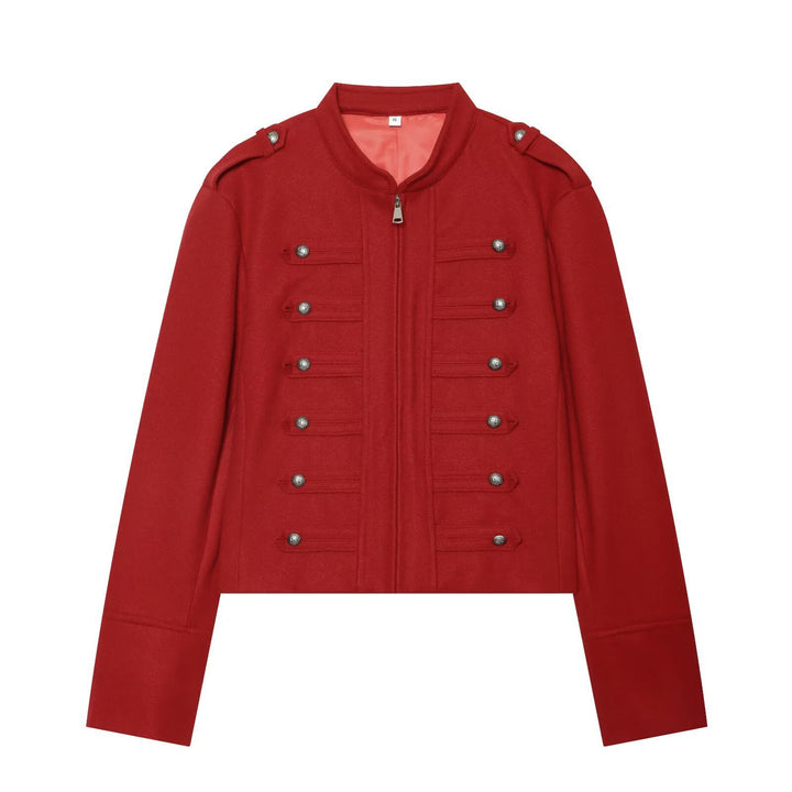Damen Militärisch inspirierte Cropped Wollmix-Jacke mit Zierknopfreihe und Stehkragen Drune